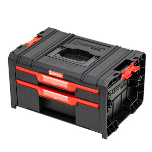 Qbrick System PRO Werkzeugbox mit 2 Schubladen, schwarz und rot, für Werkzeugaufbewahrung.