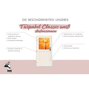 Karibu Türpaket für Außensauna Klassisch, elfenbeinweiß, mit Fenster und Zylinderschloss.