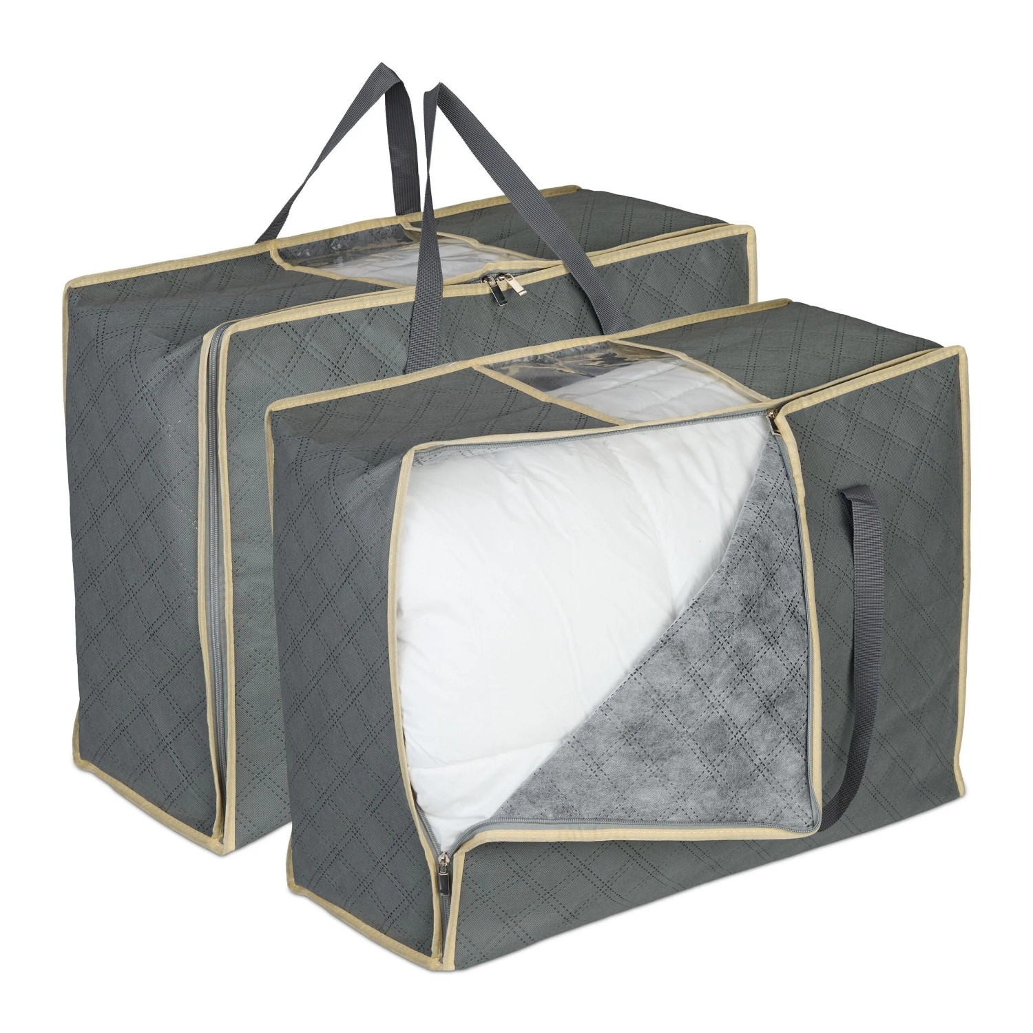Relaxdays Aufbewahrungstasche für Bettdecken 2er Set Vlies Grau Staubgeschützt Atmungsaktiv 25 cm x 60 cm x 44 cm 190 g