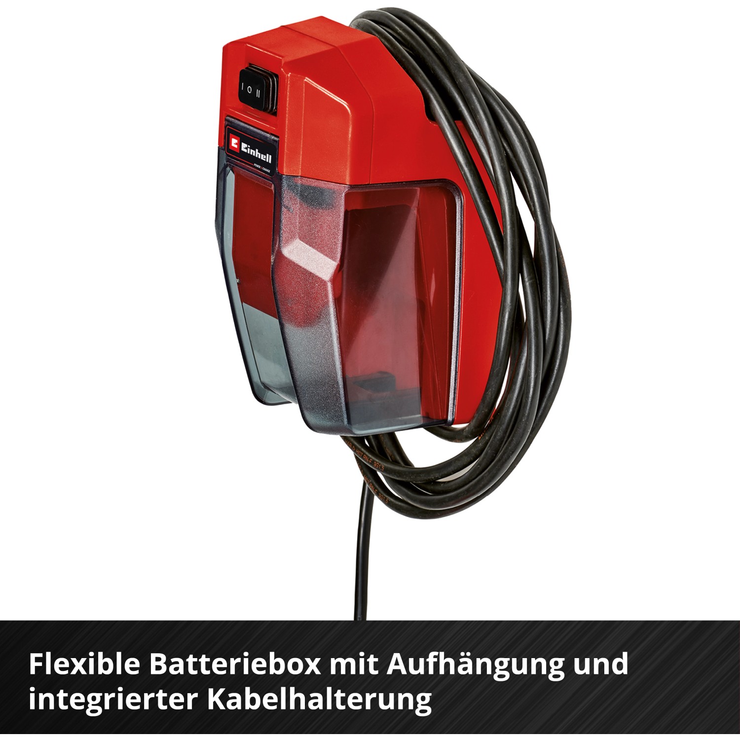 Einhell Batteriebox für Power X-Change Akku-Klarwasserpumpe mit Kabelaufwicklung und Wandhalterung.