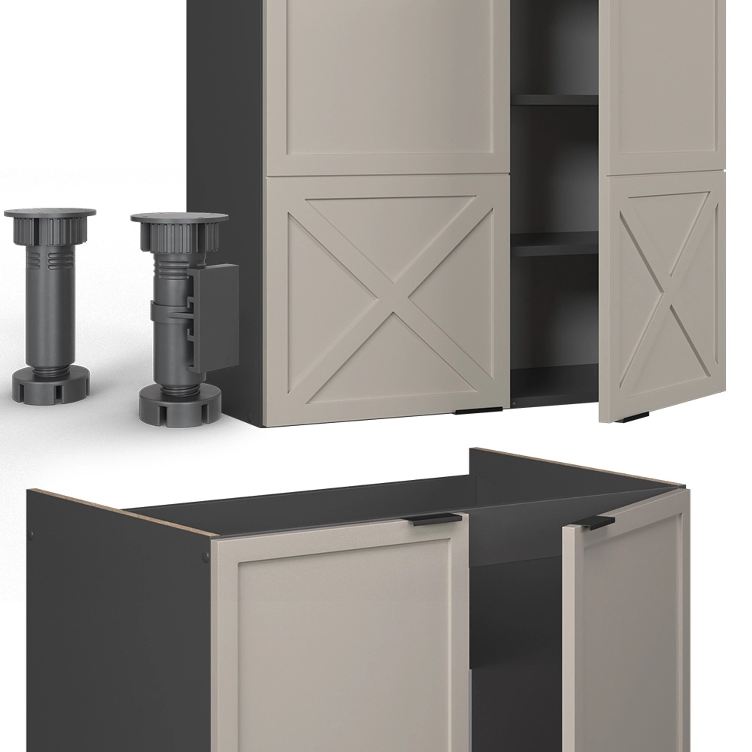 Vicco Fame-Line Küchenzeile in GrauBeige/Anthrazit mit Marmor Arbeitsplatte, 200 cm breit.