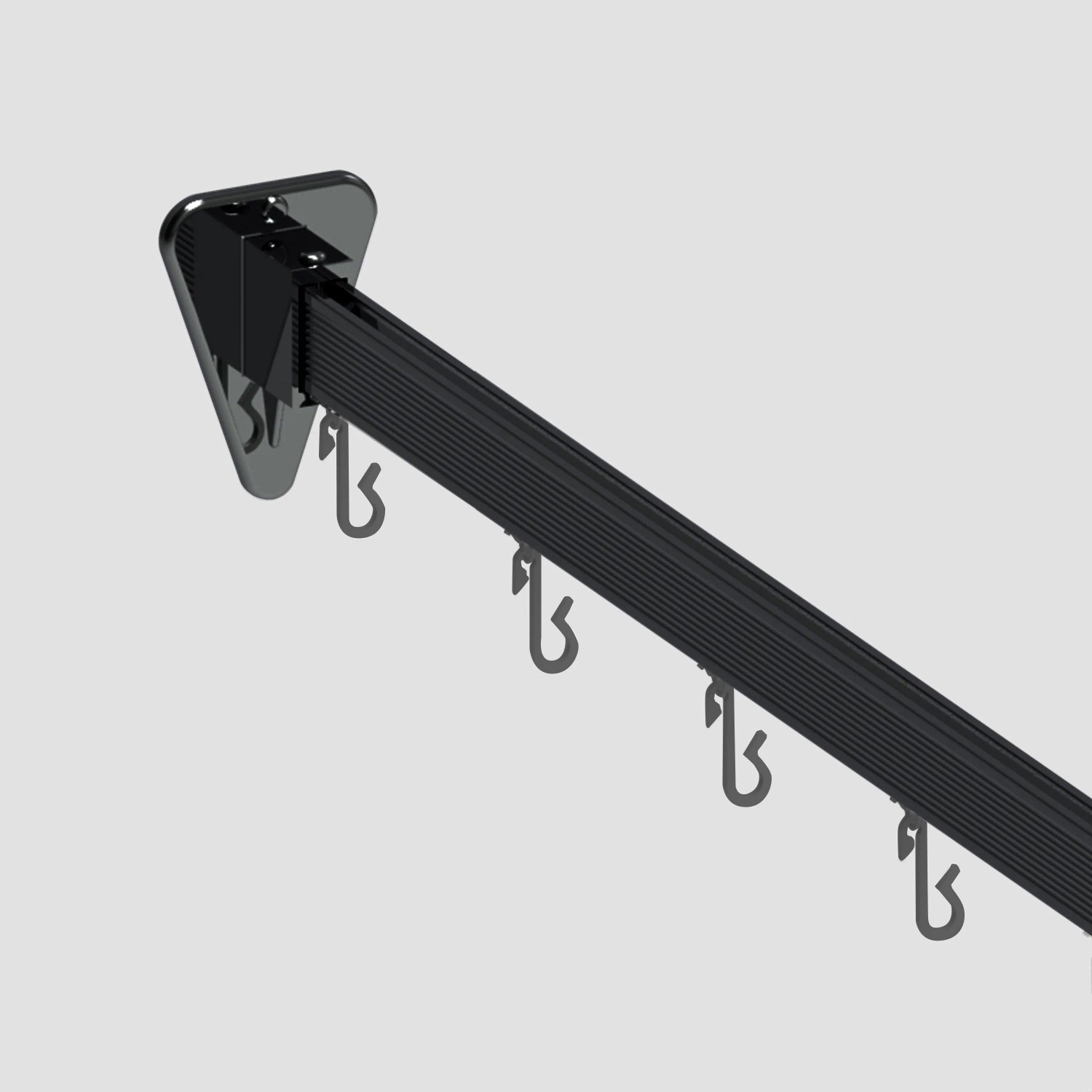 Flexible, schwarze Euroshowers Duschvorhangstange (300 cm) mit Haken und Halterungen.