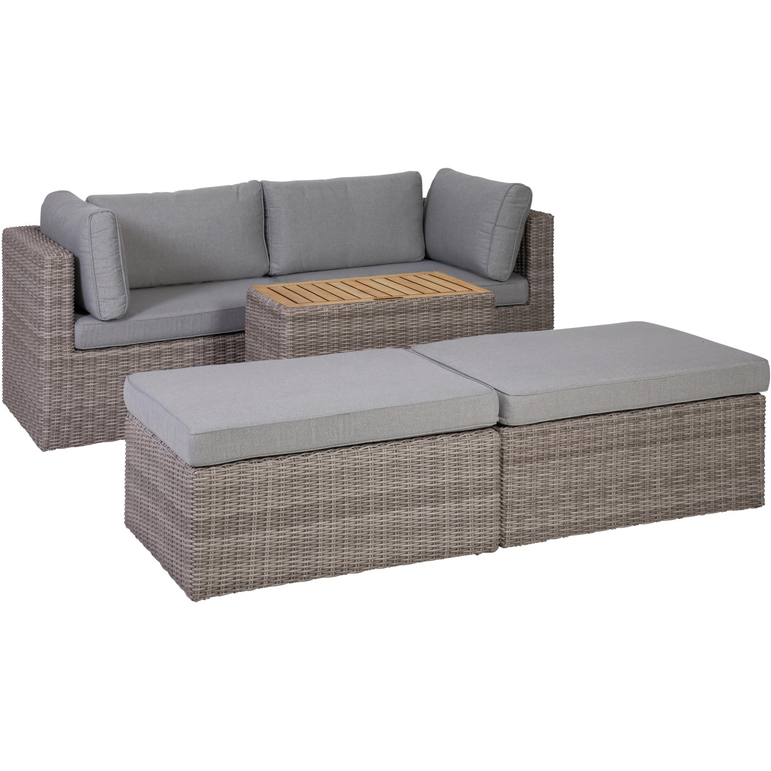 Graues Greemotion Lounge-Set Olea Wood, 5-teilig, mit Stahlgestell, Polyrattan und Holztisch für Balkon oder Terrasse.