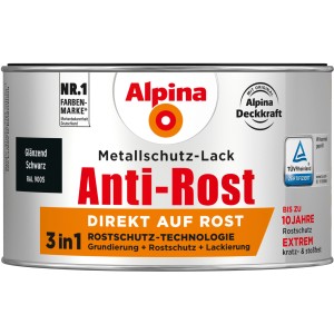 Dose Alpina Metallschutz-Lack Anti-Rost Schwarz glänzend, 300ml, für optimalen Rostschutz.