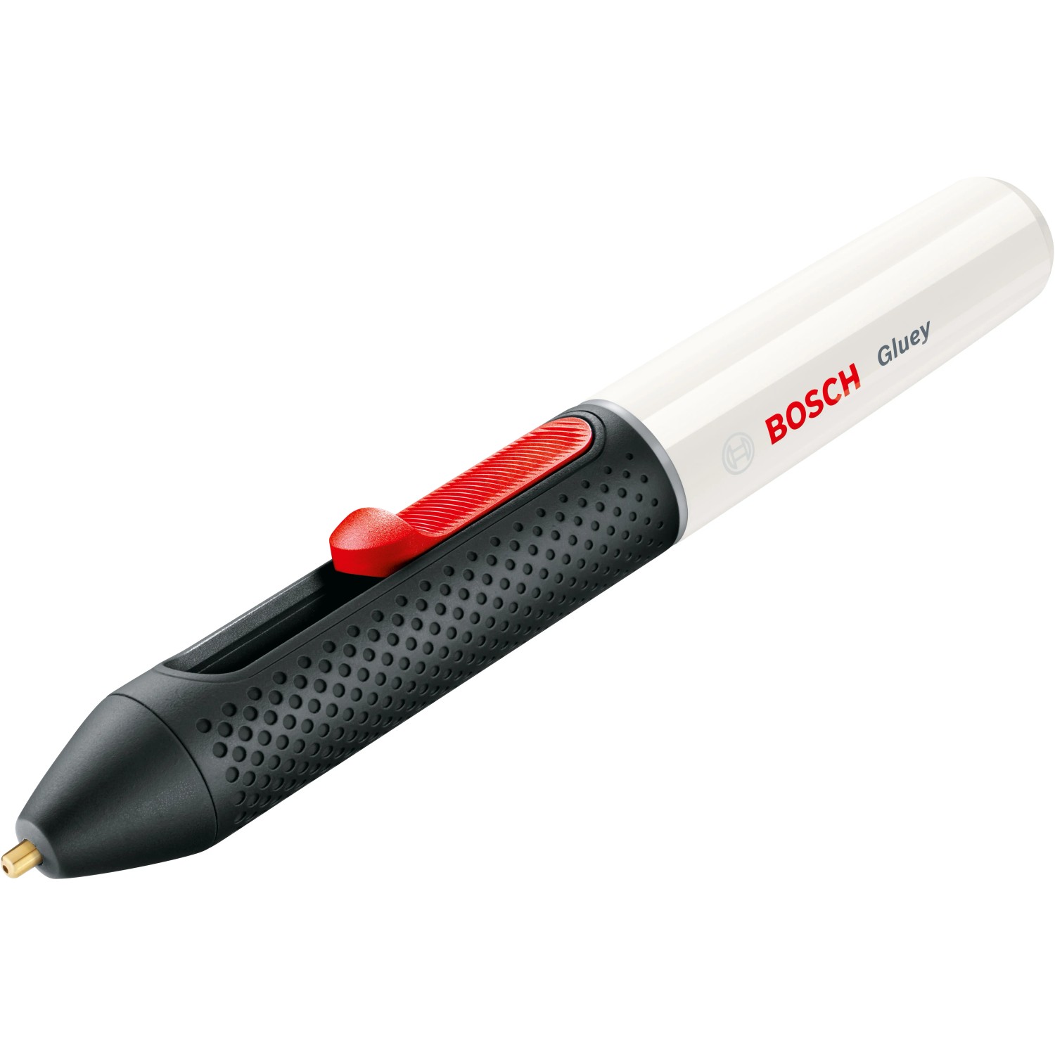 Bosch Gluey Marshmallow Heißklebestift: Kabelloser Klebestift mit rotem Schieber und feiner Düse.