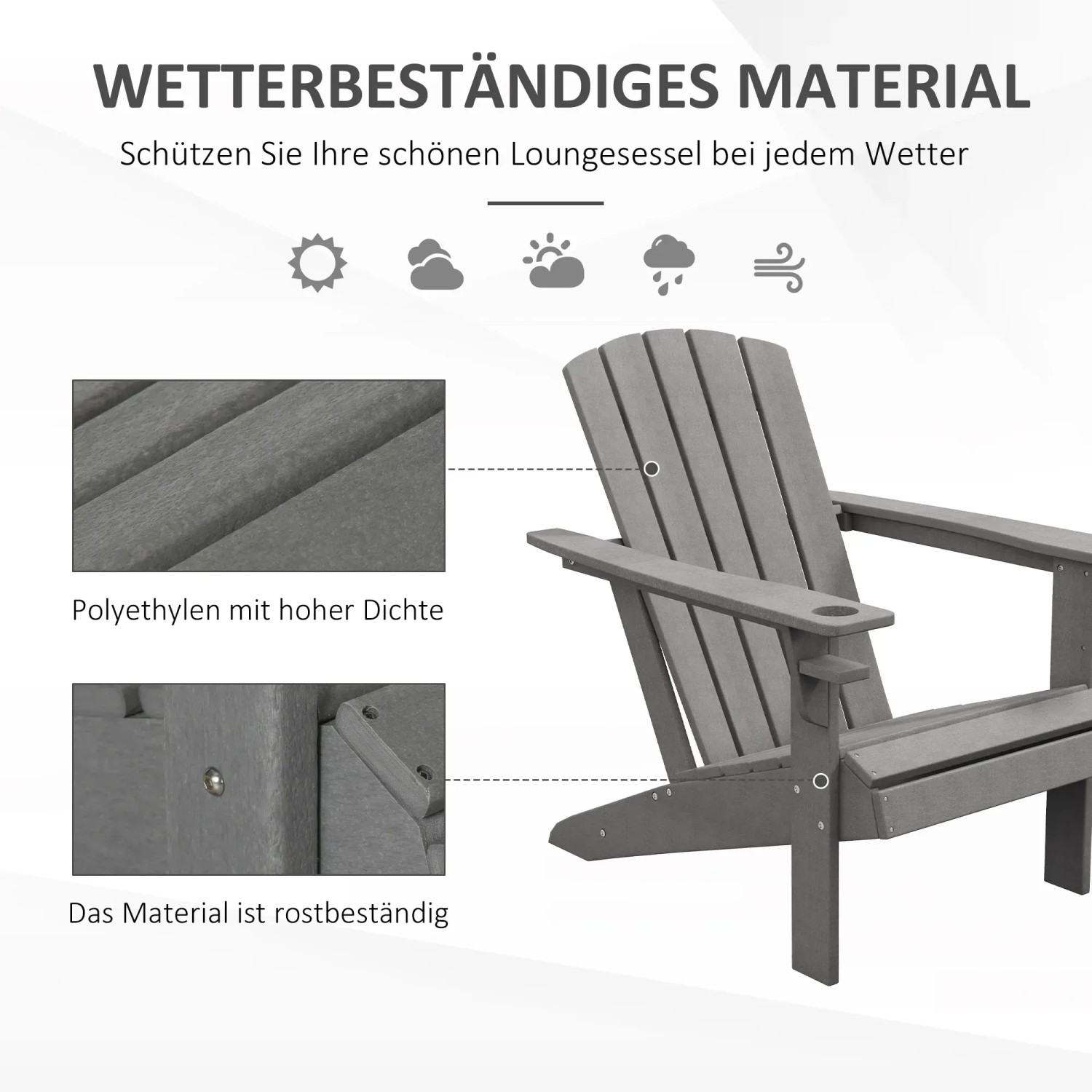 Detailansicht: Grauer Outsunny Gartenstuhl aus HDPE, wetterfest und robust.