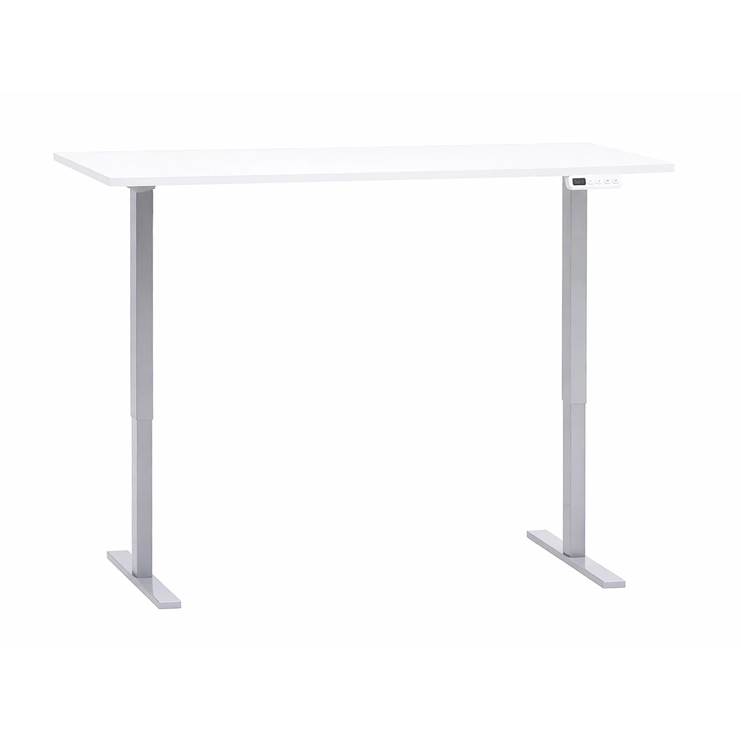 Schildmeyer Schreibtisch Metz, mattweiß, elektrisch höhenverstellbar mit silberfarbenem Metallgestell.