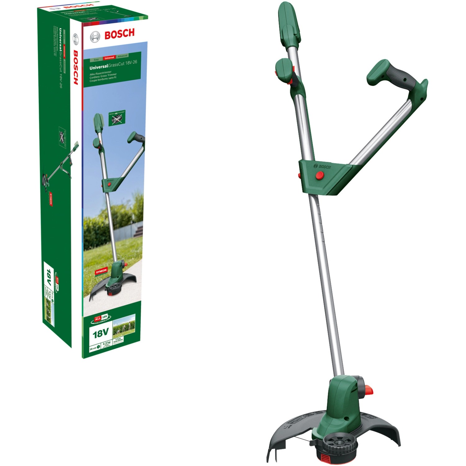Bosch Akku-Rasentrimmer UniversalGrassCut 18V-26 mit Akku und Verpackung.