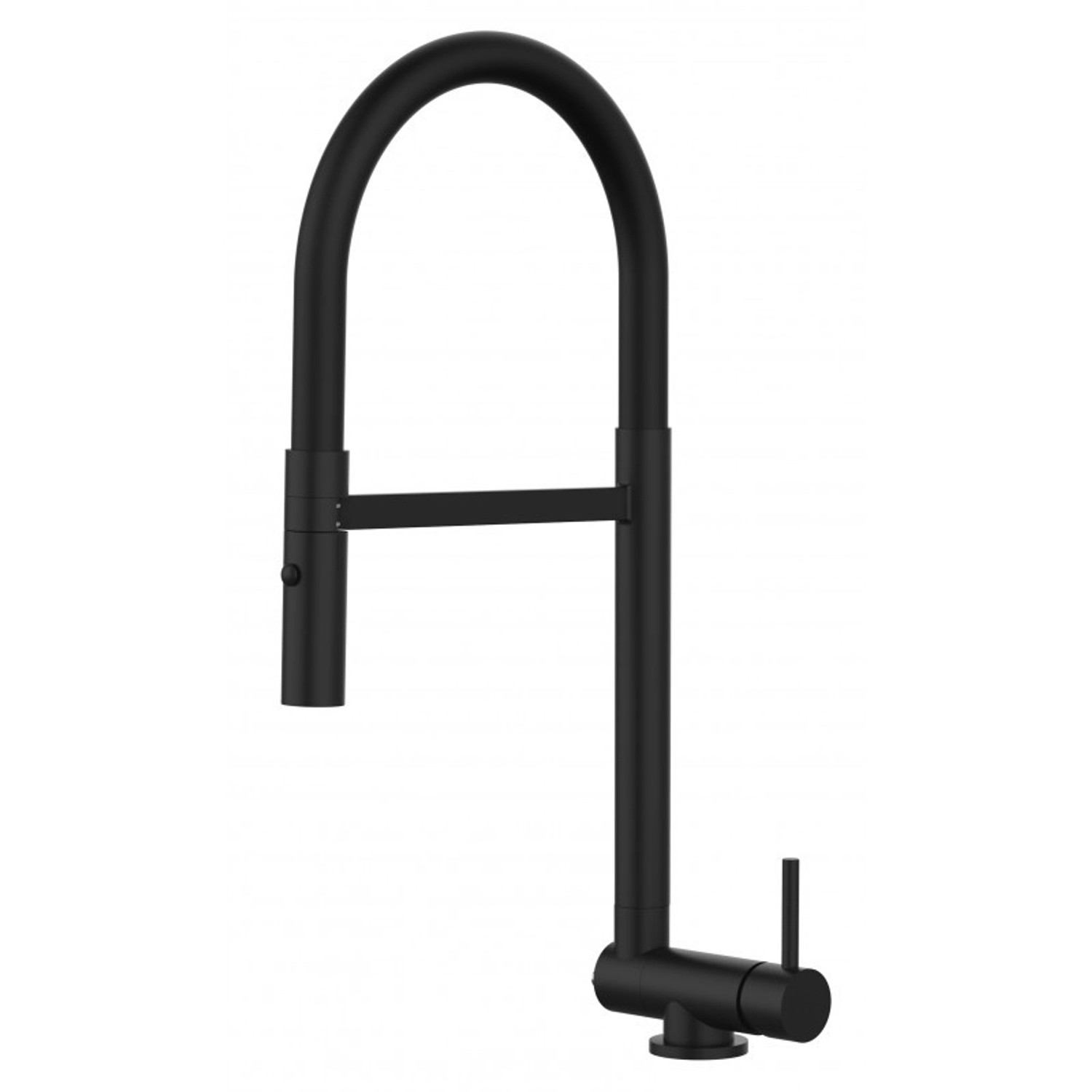 Schwarze VIZIO Küchenarmatur für Vorfenster-Montage mit Handbrause und schwenkbarem Auslauf.