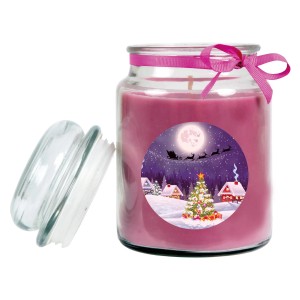 Lila Duftkerze im Glas mit Weihnachtsmotiv und Schleife, Brenndauer 110h.