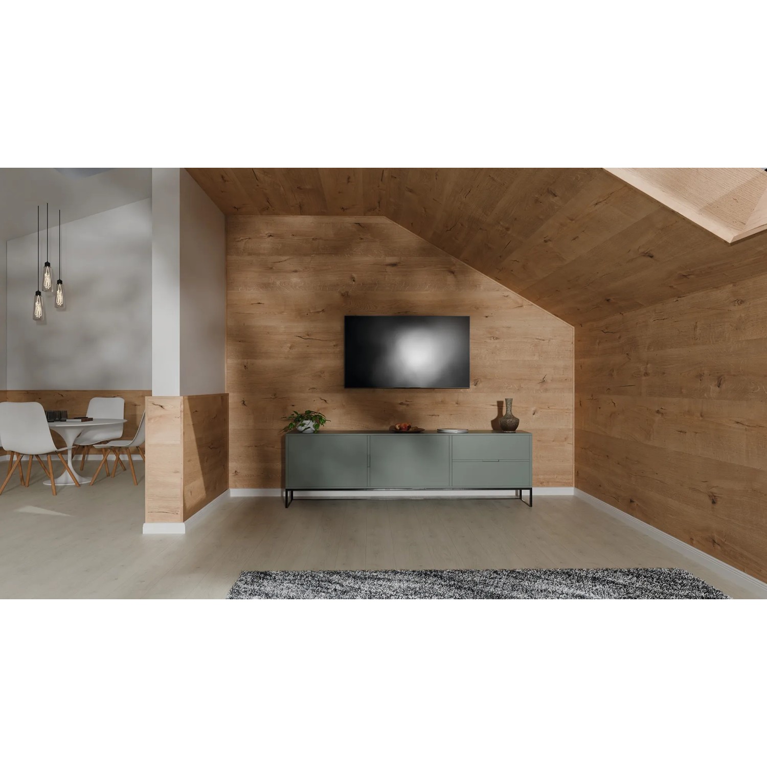 Wohnraum mit Egger Decowall DO008 Loveland Eiche Dekor-Paneelen an Wand und Dachschräge.