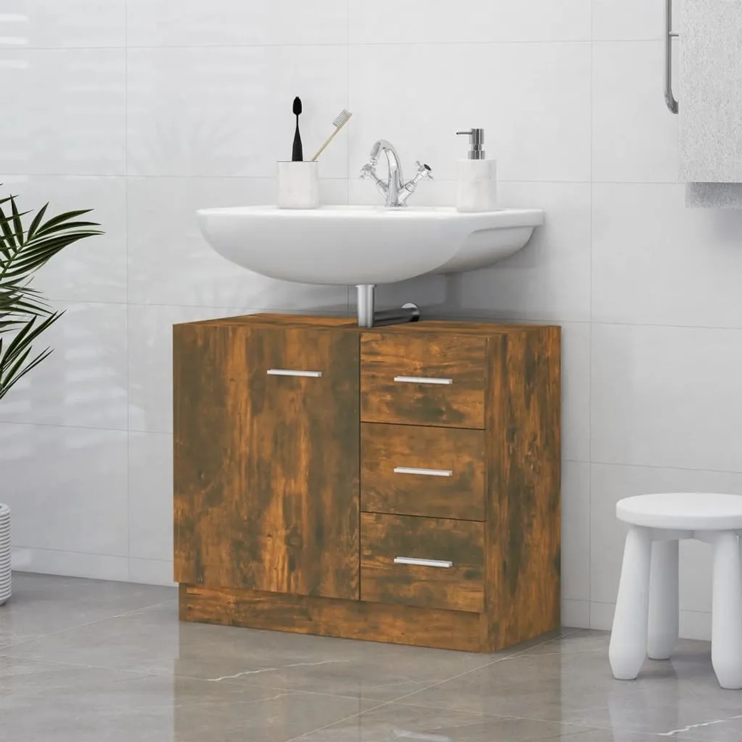 Waschbeckenschrank in Räuchereiche Optik mit Schubladen und Fach für Badmöbel.