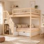 Massivholz Etagenbett 140x200 cm in Natur mit Stauraumtreppe und Schublade. Ideal für Kinderzimmer.
