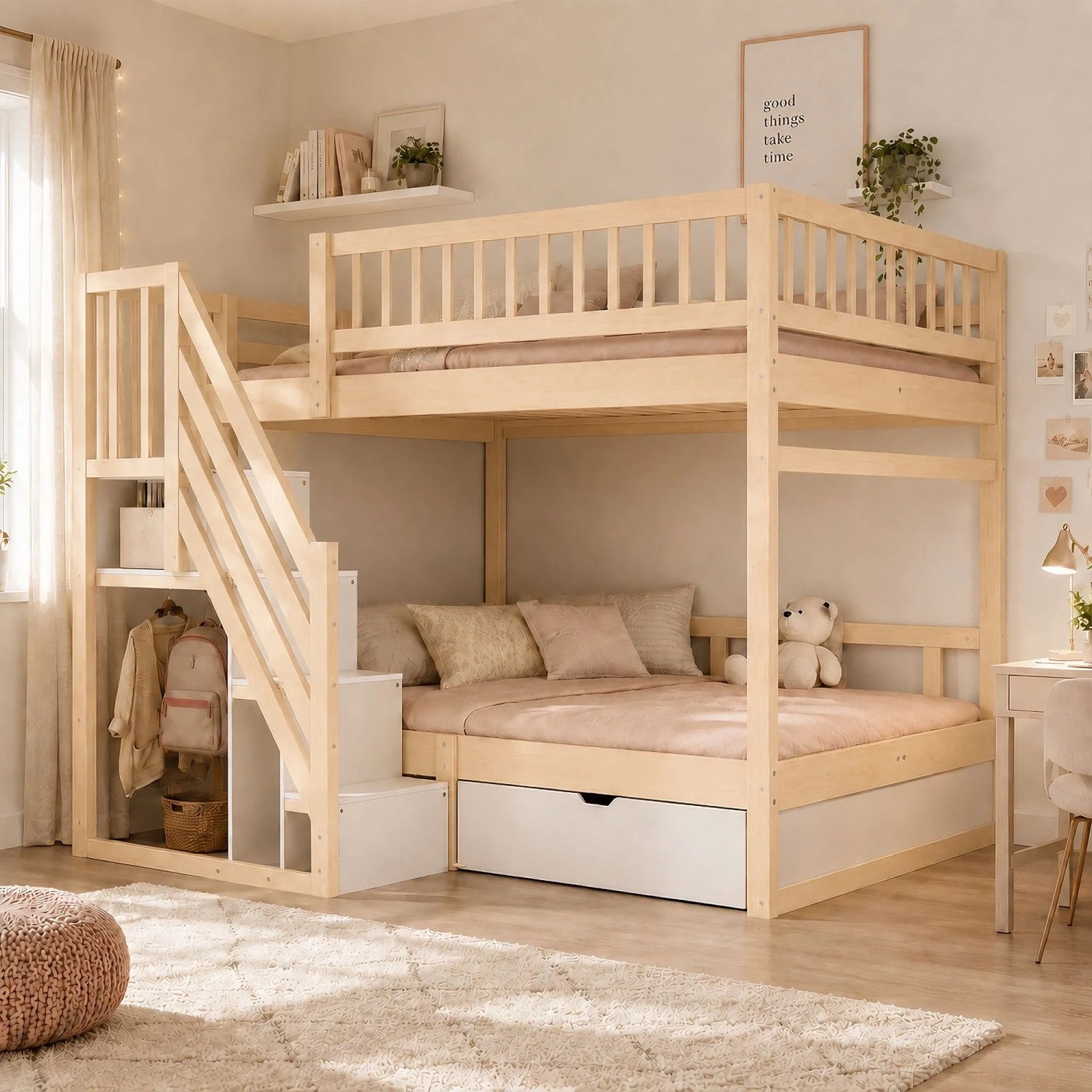 Massivholz Etagenbett 140x200 cm in Natur mit Stauraumtreppe und Schublade. Ideal für Kinderzimmer.