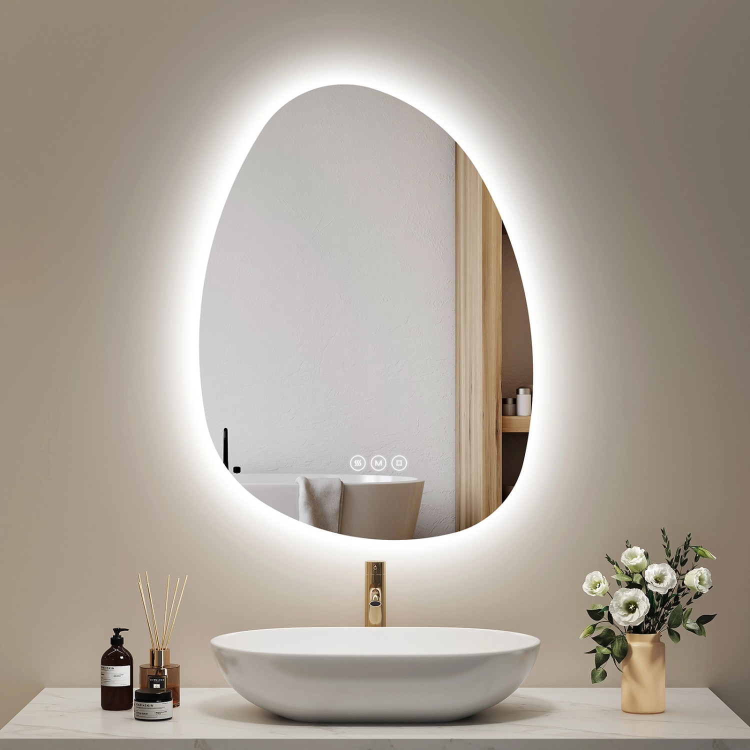 Emke LED Badspiegel mit Anti-Beschlag 75 x 55 cm Asymmetrisch Spiegel mit 3 Dimmbare Lichtfarben