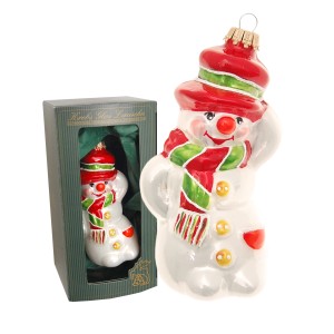Weihnachtsornament: Krebs Glas Lauscha Schneemann, 17cm, mit Hut und Schal. Festliche Weihnachtsbaumkugel.