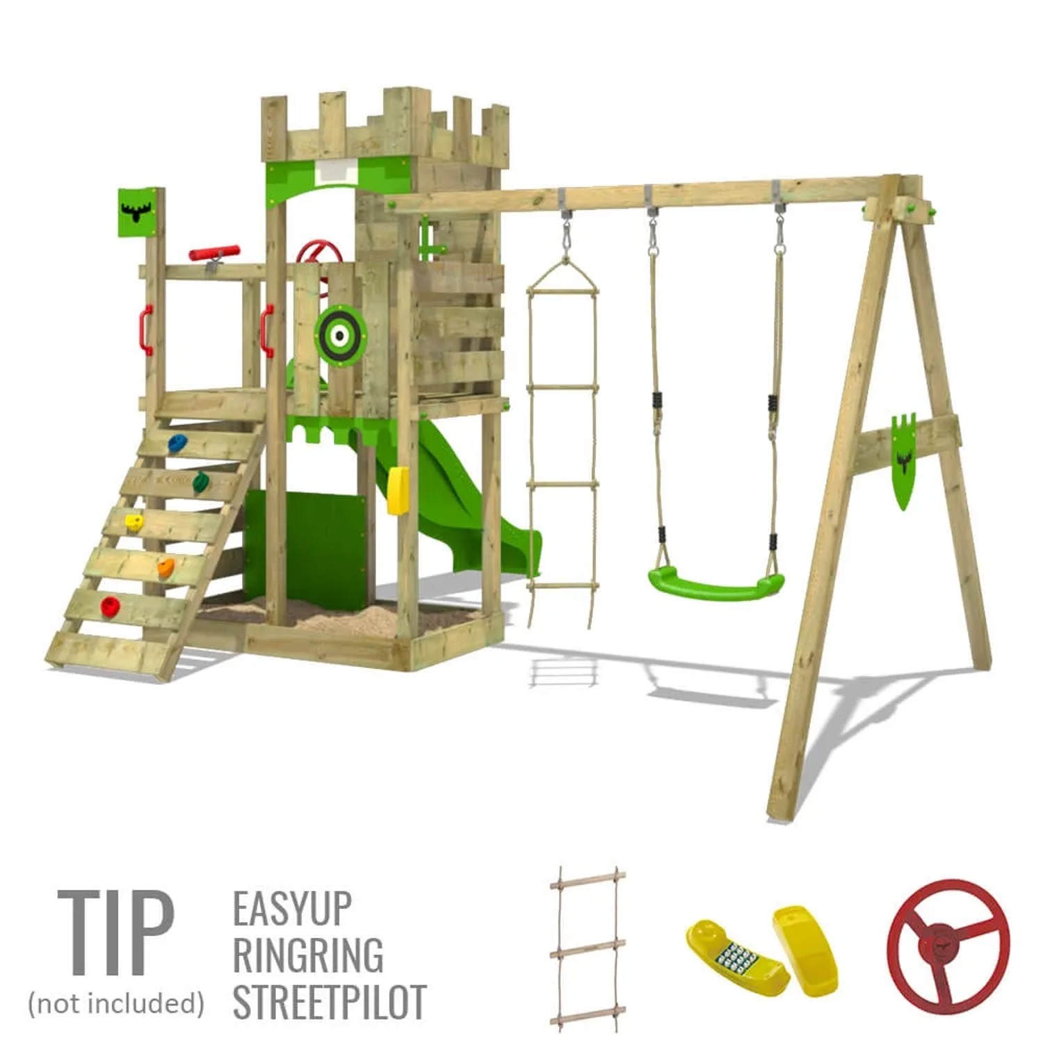 Fatmoose Spielturm BoldBaron mit Rutsche und Schaukel in Apfelgrün.