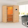 Woodfeeling Sauna Antonia mit Ofen und Steuerung. Massivholzsauna mit Glastür und Inneneinrichtung.