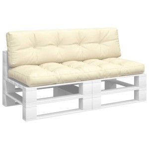 Cremefarbenes 2-teiliges Palettenkissen-Set aus Stoff für Sitz & Rücken, gesteppt auf weißem Palettensofa.