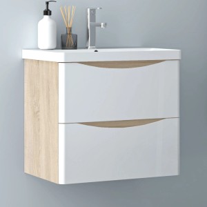AICA Badmöbel-Set, 60 cm, mit Waschbecken, Unterschrank in Weiß/Eiche, 2 Schubladen.