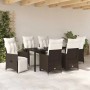 7-teilige Garten Essgruppe aus braunem Poly Rattan mit Tisch und Stühlen mit Kissen.