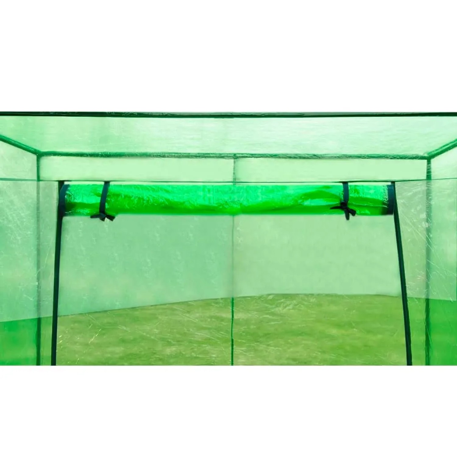 Detailansicht des furnicato Gewächshauses mit Stahlrahmen und grüner PVC-Abdeckung.