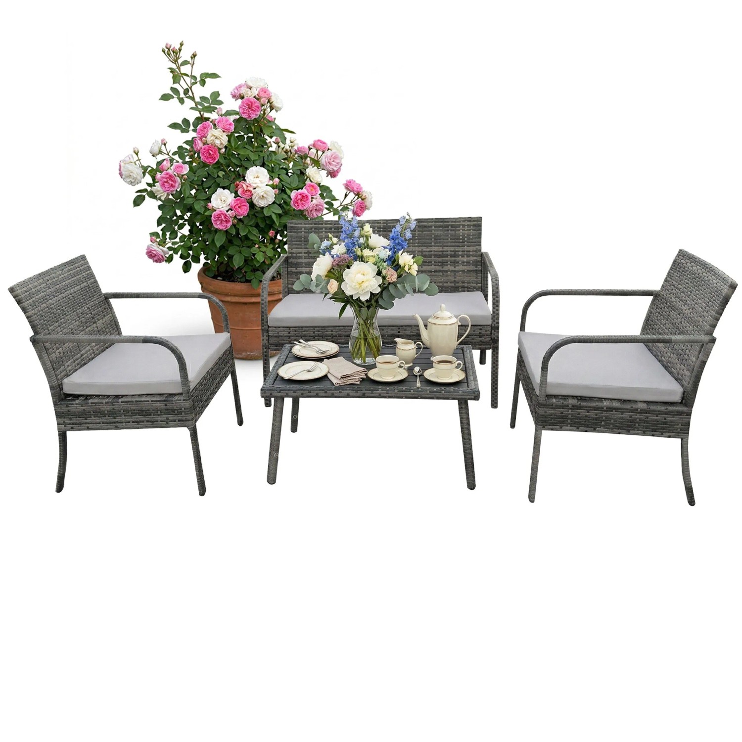 Relaxdays Gartenmöbel Set Polyrattan Grau 4 Personen 78 cm x 106 cm x 56 cm
