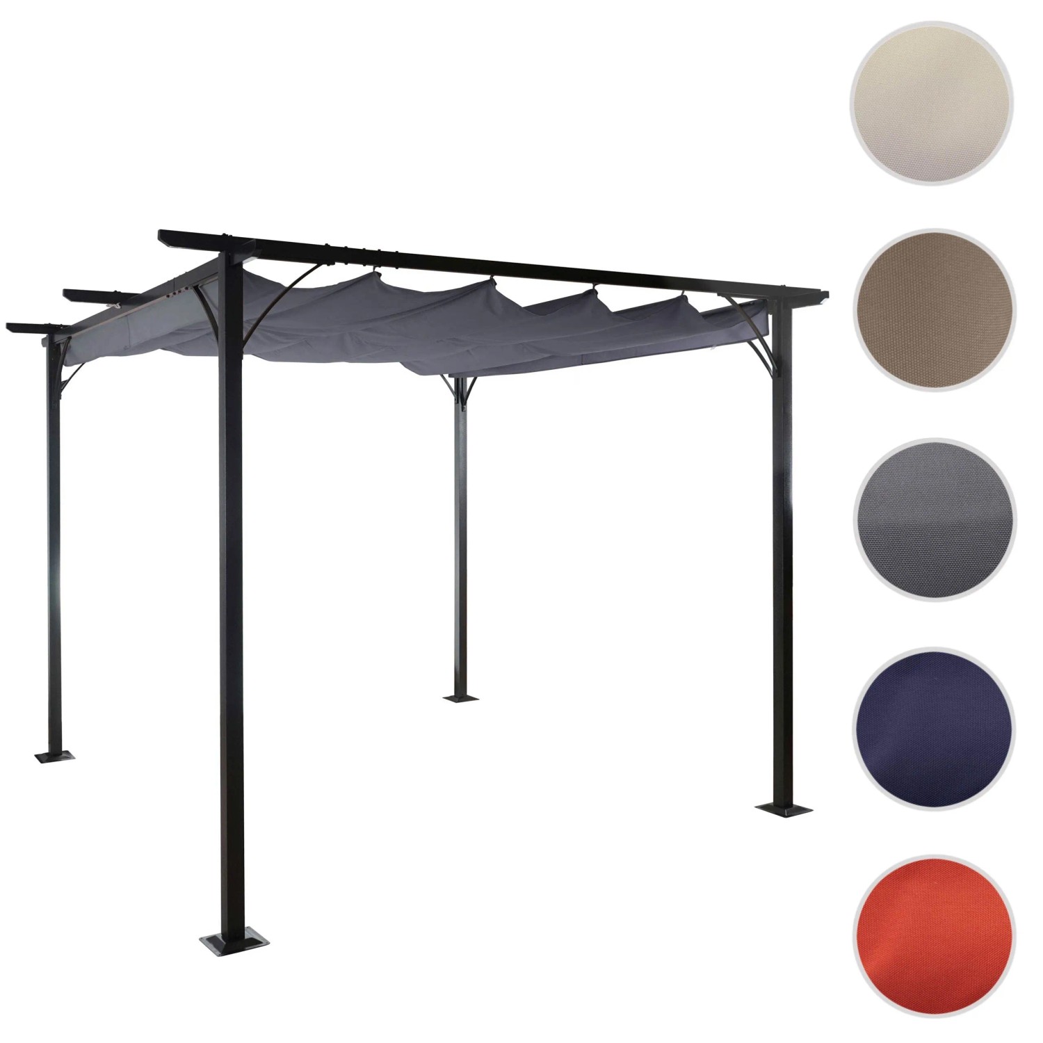 Graue MCW Pergola C42 3,5x3,5m mit Schiebedach als Terrassenüberdachung.