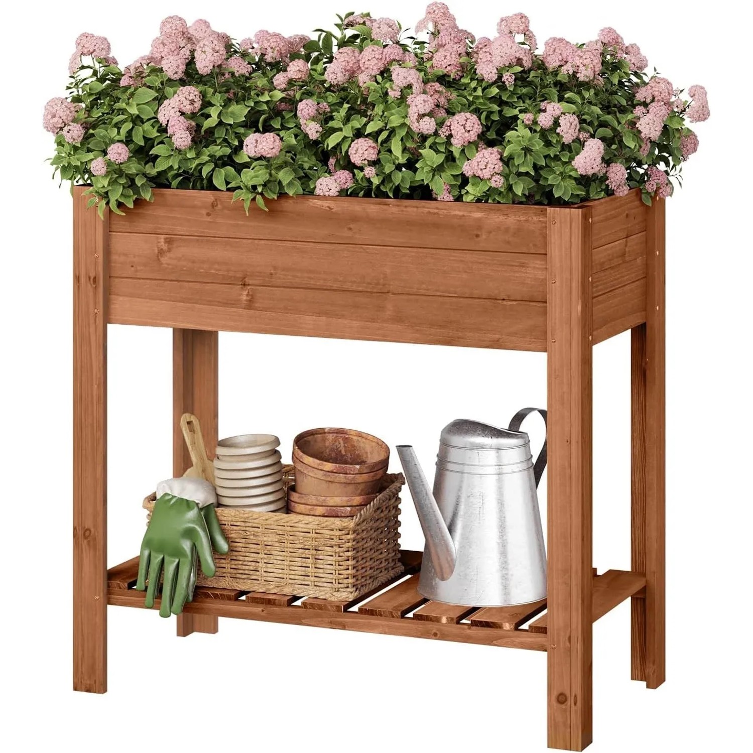 WOLTU Hochbeet Holz mit Blumenkasten Ablageboden 80x75x40 cm Braun