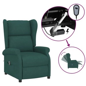 Dunkelgrüner Ohrensessel mit elektrischer Liegefunktion und Fernbedienung, zeigt Verstellmechanismus und Relaxposition.