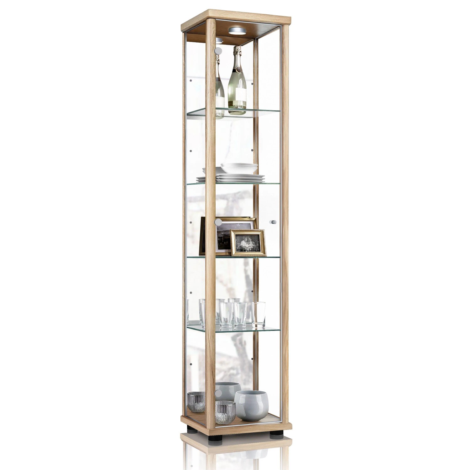 K-Möbel Glasvitrine Stehend 176x37x33 cm mit Spiegel LED & 4 Höhenverstellbaren Glasböden Buche
