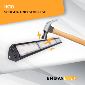 ENOVALITE LED Hallenstrahler, schlagfest (IK10) mit Hammer getestet. Robuste Hallenleuchte.