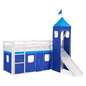 Weißes Kinderhochbett 90x200 mit blauen Vorhängen, Rutsche, Turm und Leiter. Ideal für Spiel und Schlaf.