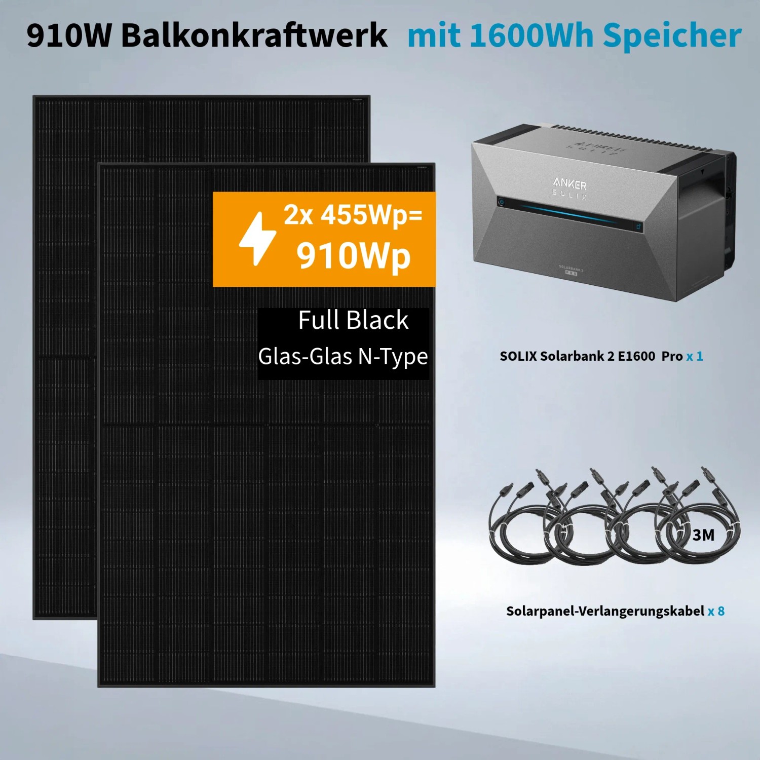 ANKER SOLIX 910W Balkonkraftwerk mit Solarmodulen, Speicher, Kabeln. Ideal zur Stromerzeugung auf dem Balkon.