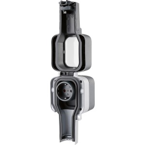 Geöffnete, wasserdichte Außensteckdose in Grau/Weiß für den Garten.