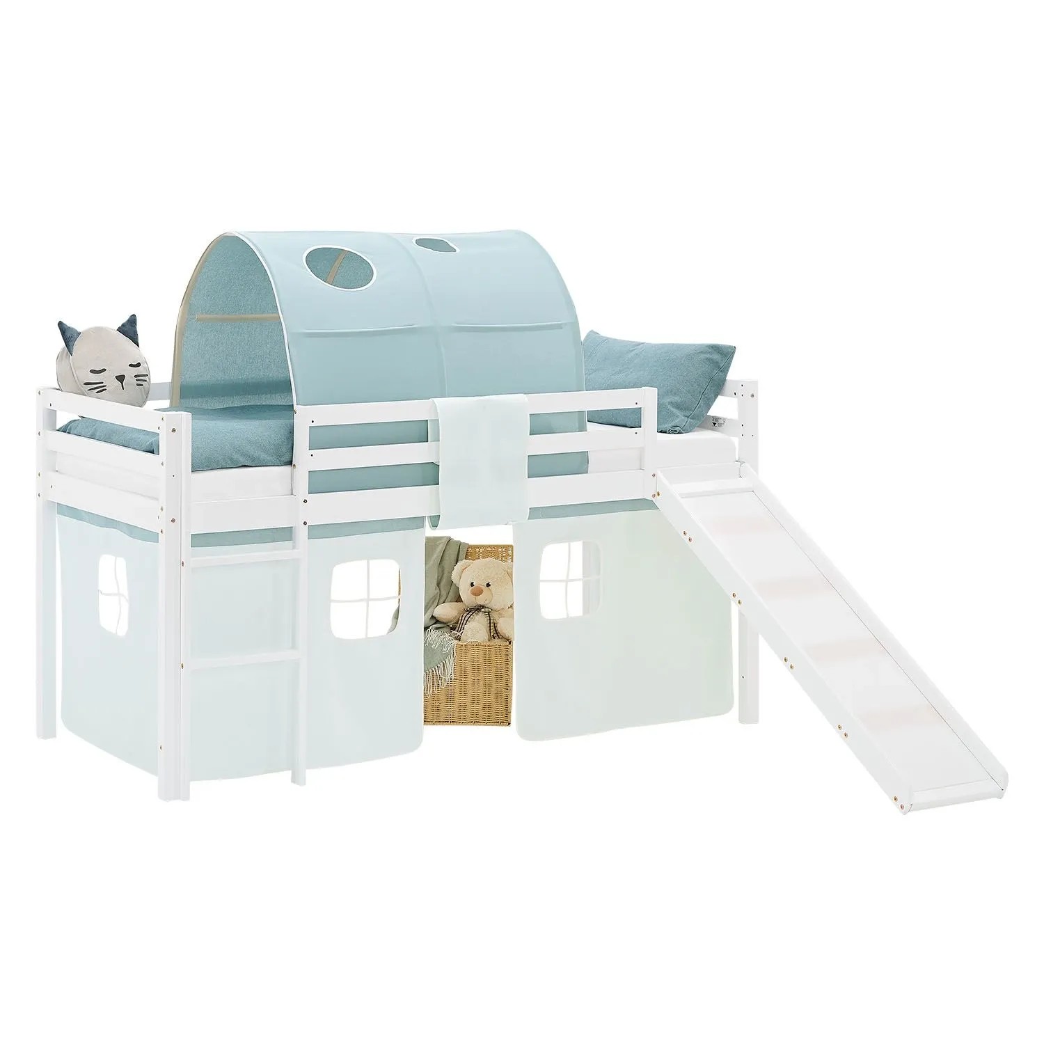 Homestyle4u Kinder Hochbett 90x200 Rutsche Vorhang Tunnel Grün Kinderbett 2946