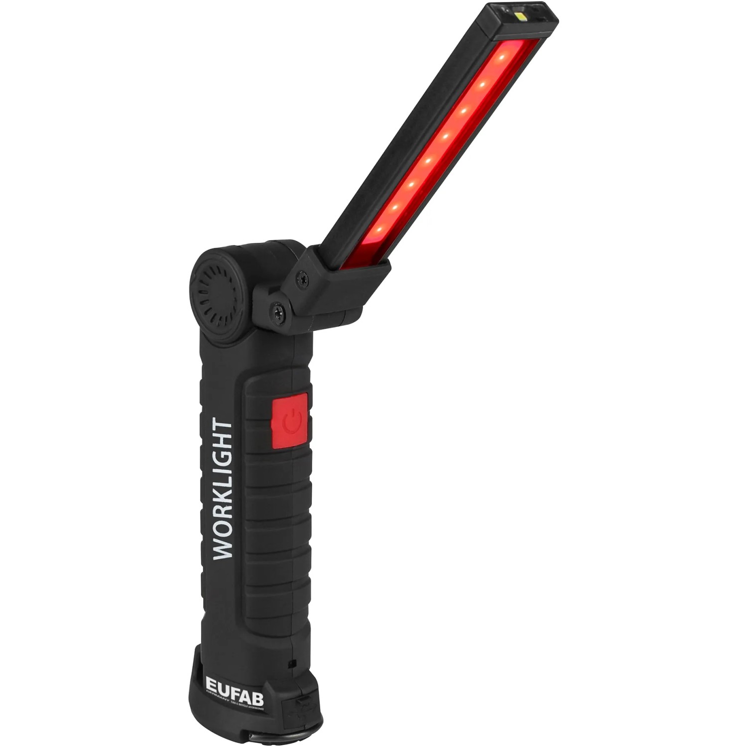 Eufab COB/LED Akku-Arbeitsleuchte, ausklappbar, mit rotem Licht und schwarzem Gehäuse.
