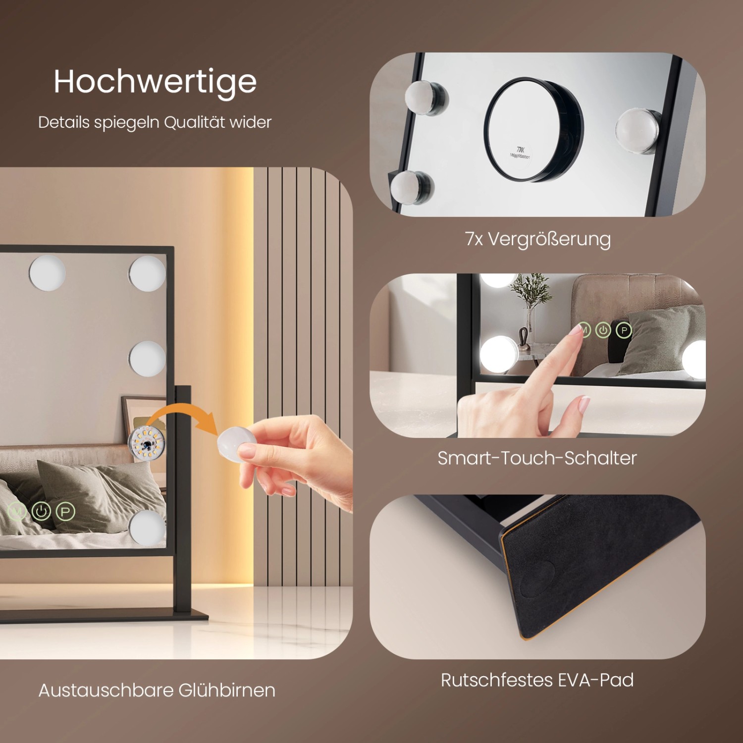 Emke Hollywood Kosmetikspiegel mit 7x Vergrößerung, Touch-Schalter und austauschbaren Glühbirnen.