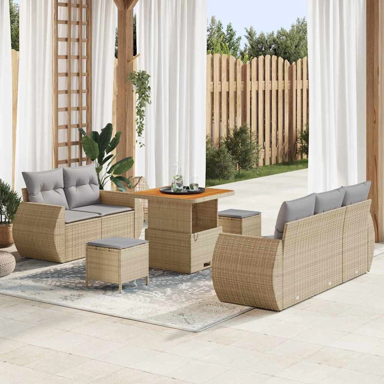 Beiges 8-tlg. vidaXL Garten-Sofa-Set aus Poly Rattan mit Tisch und Hockern für Terrasse und Garten.
