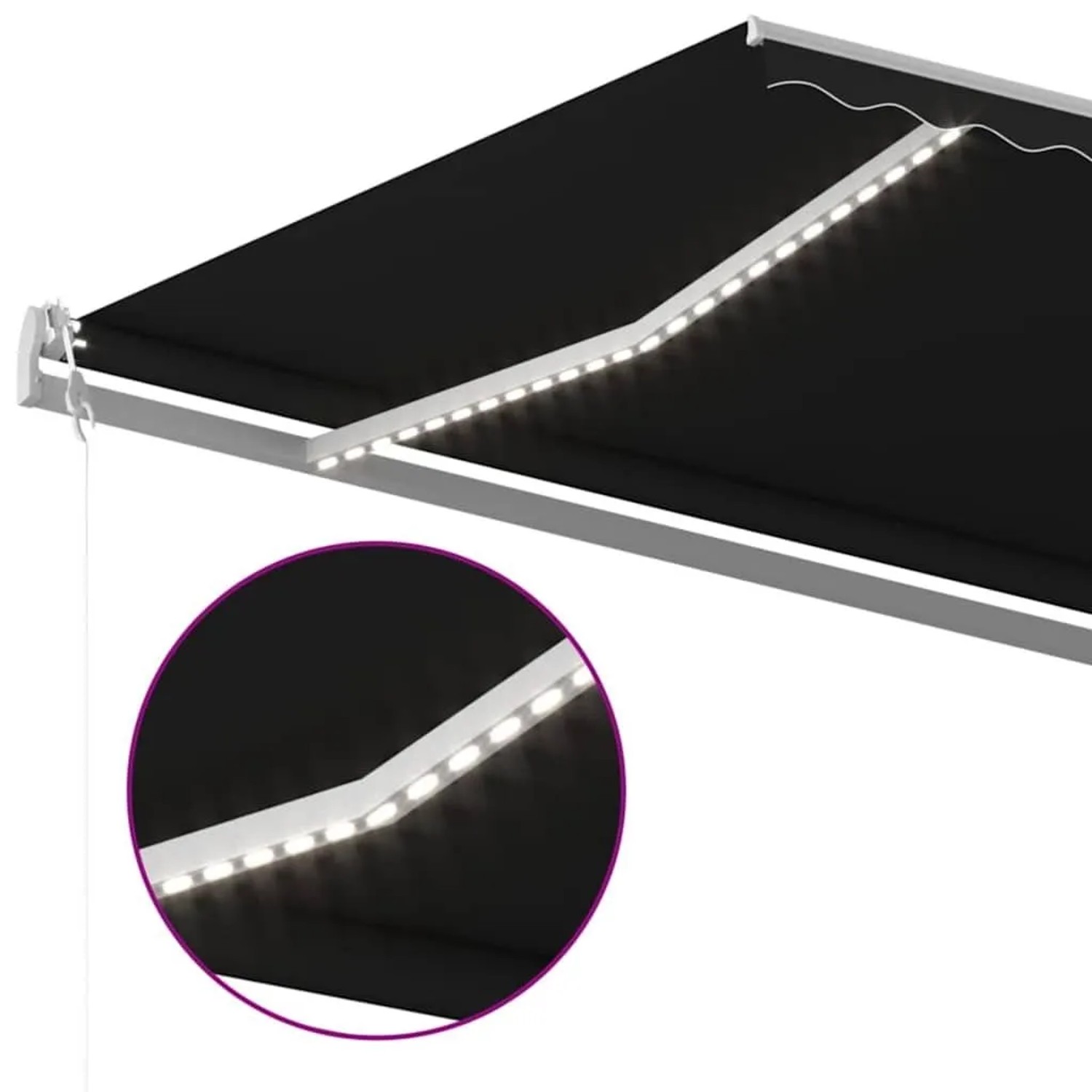 Anthrazitfarbene, automatische Markise mit LED-Beleuchtung und Windsensor.