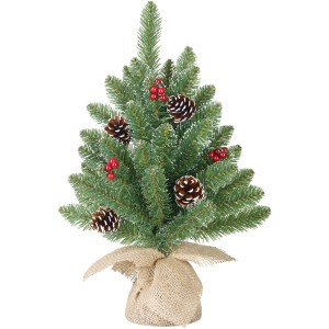 Künstlicher Weihnachtsbaum Creston Jute Frosted, 30 cm, mit Tannenzapfen und Beeren auf Jute-Fuß.