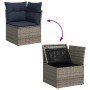 Gartenmöbel: Graue Rattan Sofagarnitur mit Kissen, mit und ohne Stauraum geöffnet dargestellt.