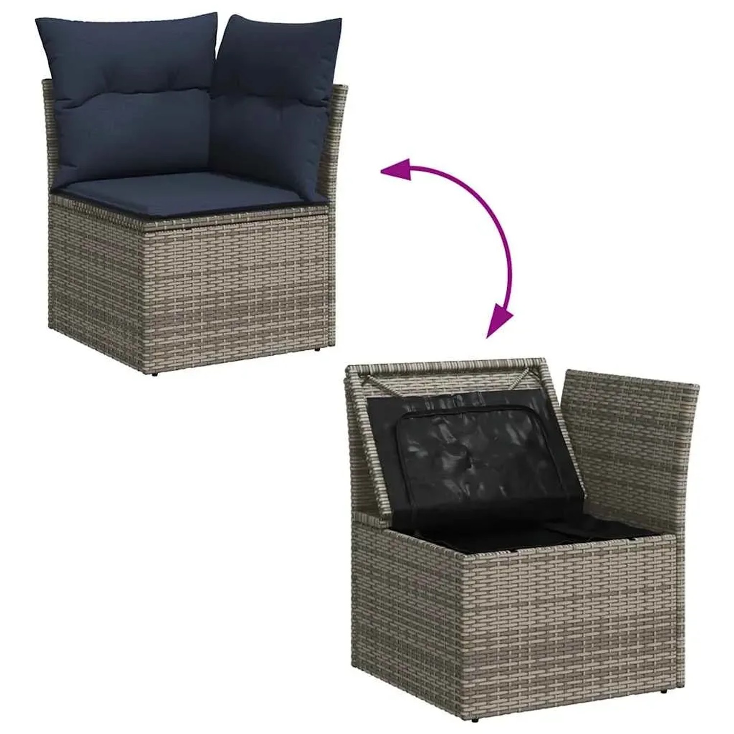 Gartenmöbel: Graue Rattan Sofagarnitur mit Kissen, mit und ohne Stauraum geöffnet dargestellt.