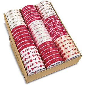 Sortiertes, buntes Geschenkband (2 m) mit weihnachtlichen Motiven für Weihnachtsdeko.