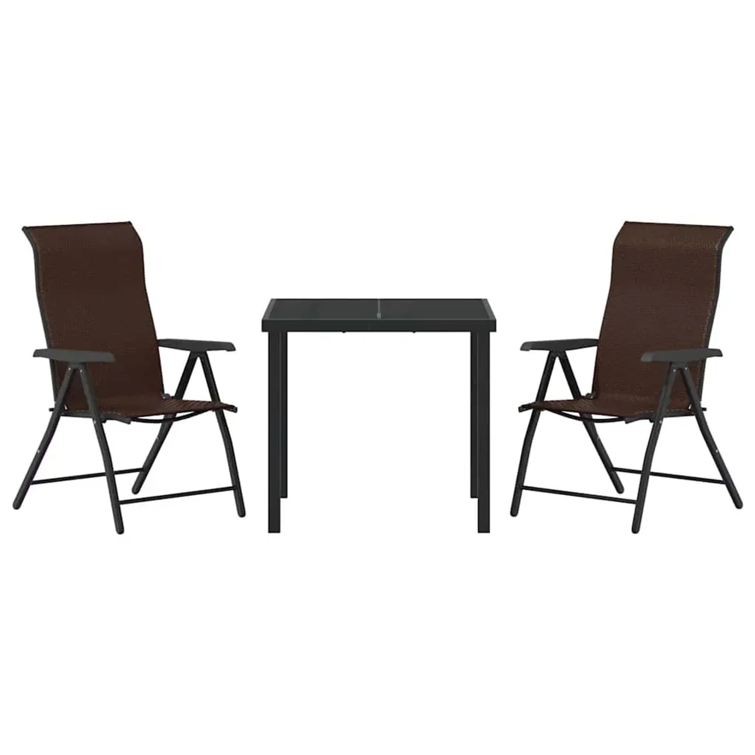 3-tlg. Garten Essgruppe von vidaXL, braunes Poly Rattan, höhenverstellbarer Tisch und 2 Stühle.