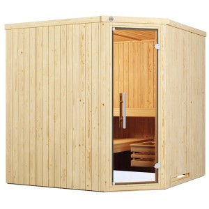 Weka Element-Ecksauna Varberg mit Glastür, Fichtenholz naturbelassen, inkl. Ofen und Zubehör.