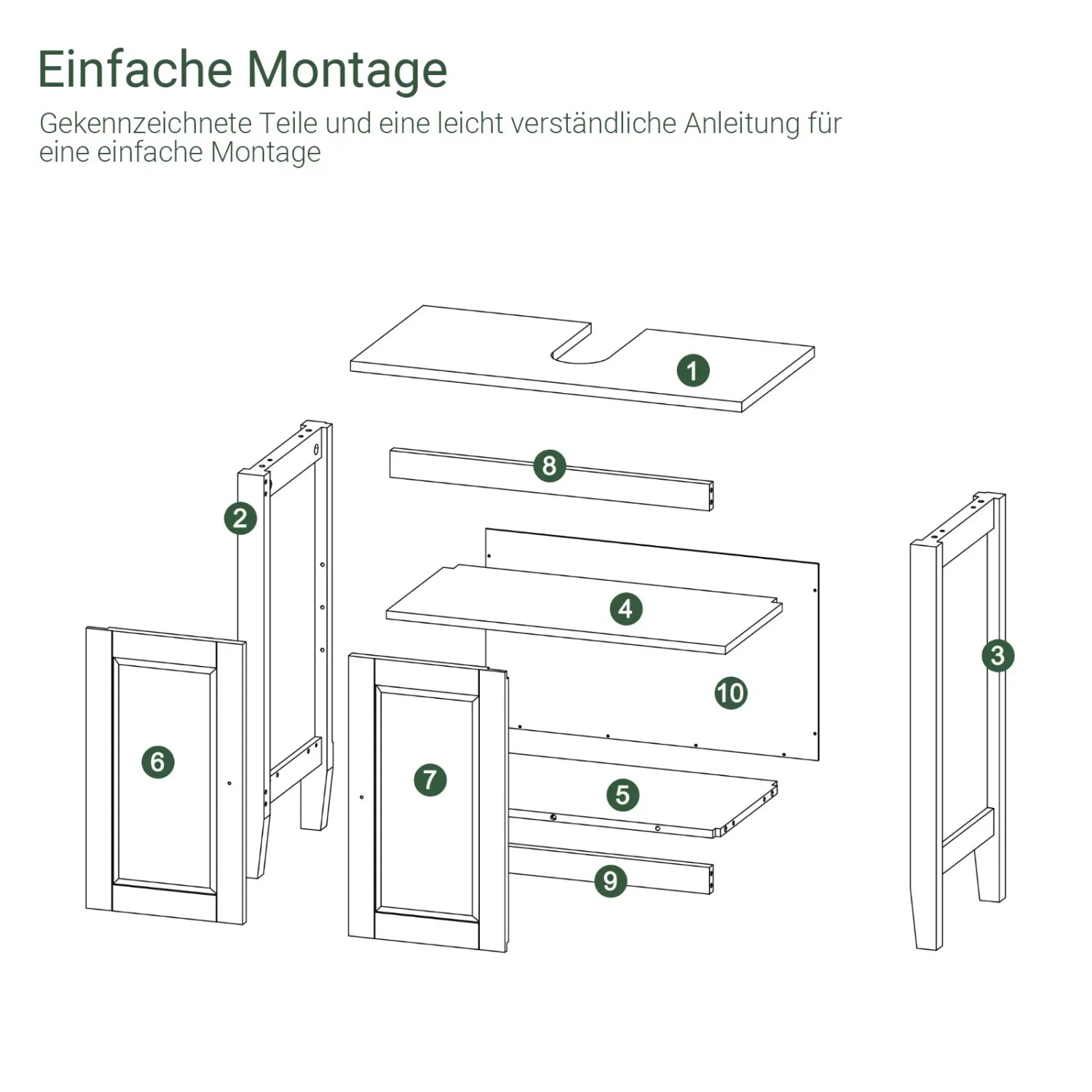 SoBuy Waschbeckenunterschrank: Übersicht der weißen MDF-Einzelteile für die einfache Montage des Badschranks.