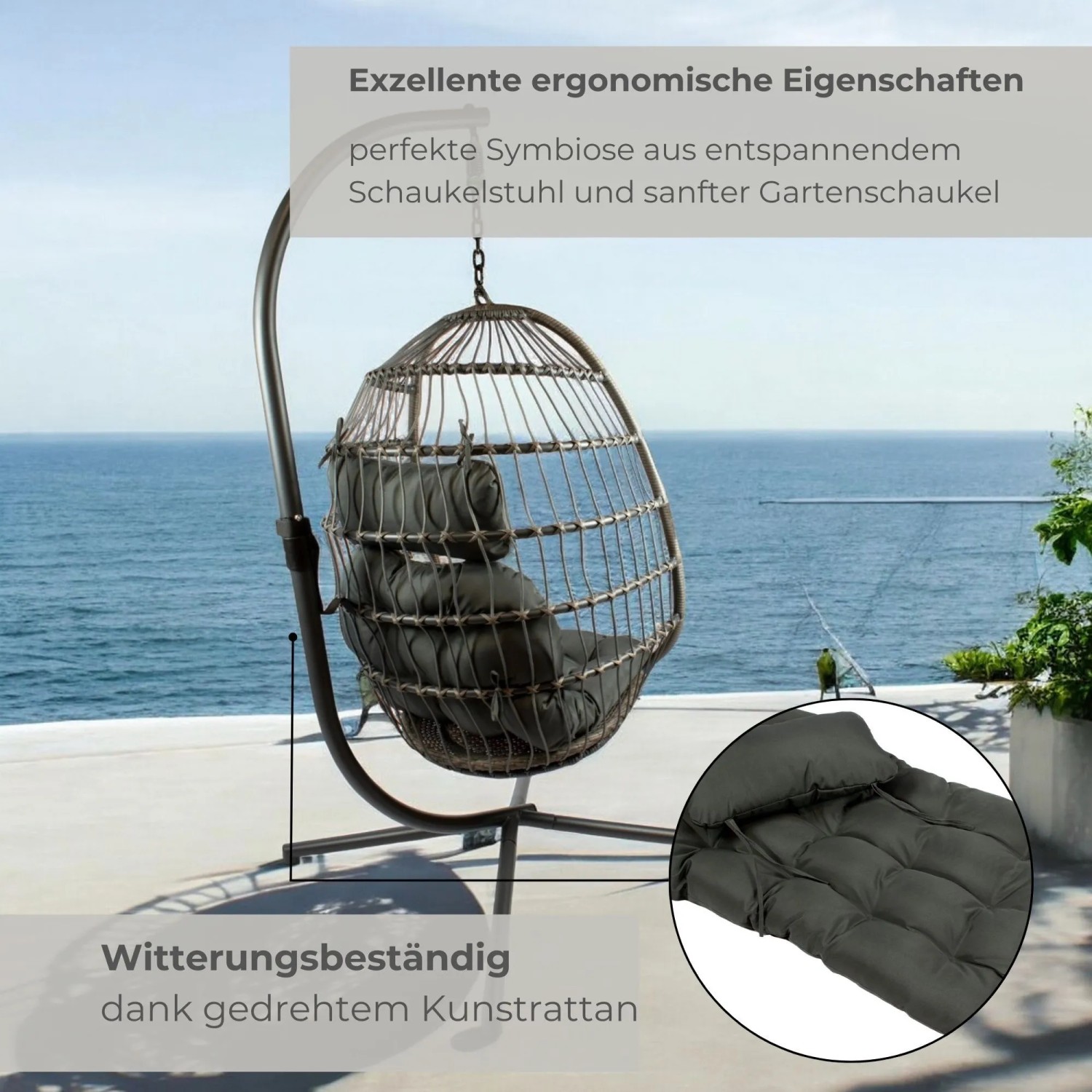 osoltus Hängesessel XL Pura, dunkelgraues Kunststoffgeflecht, Kissen, auf Terrasse. Faltbarer Hängeei Schaukelstuhl mit Feder.