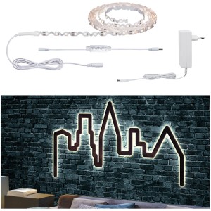 Paulmann FlexLED 3D Basis-Set: 5m LED-Streifen, Netzteil und Skyline-Beispiel für Leuchtschrift.