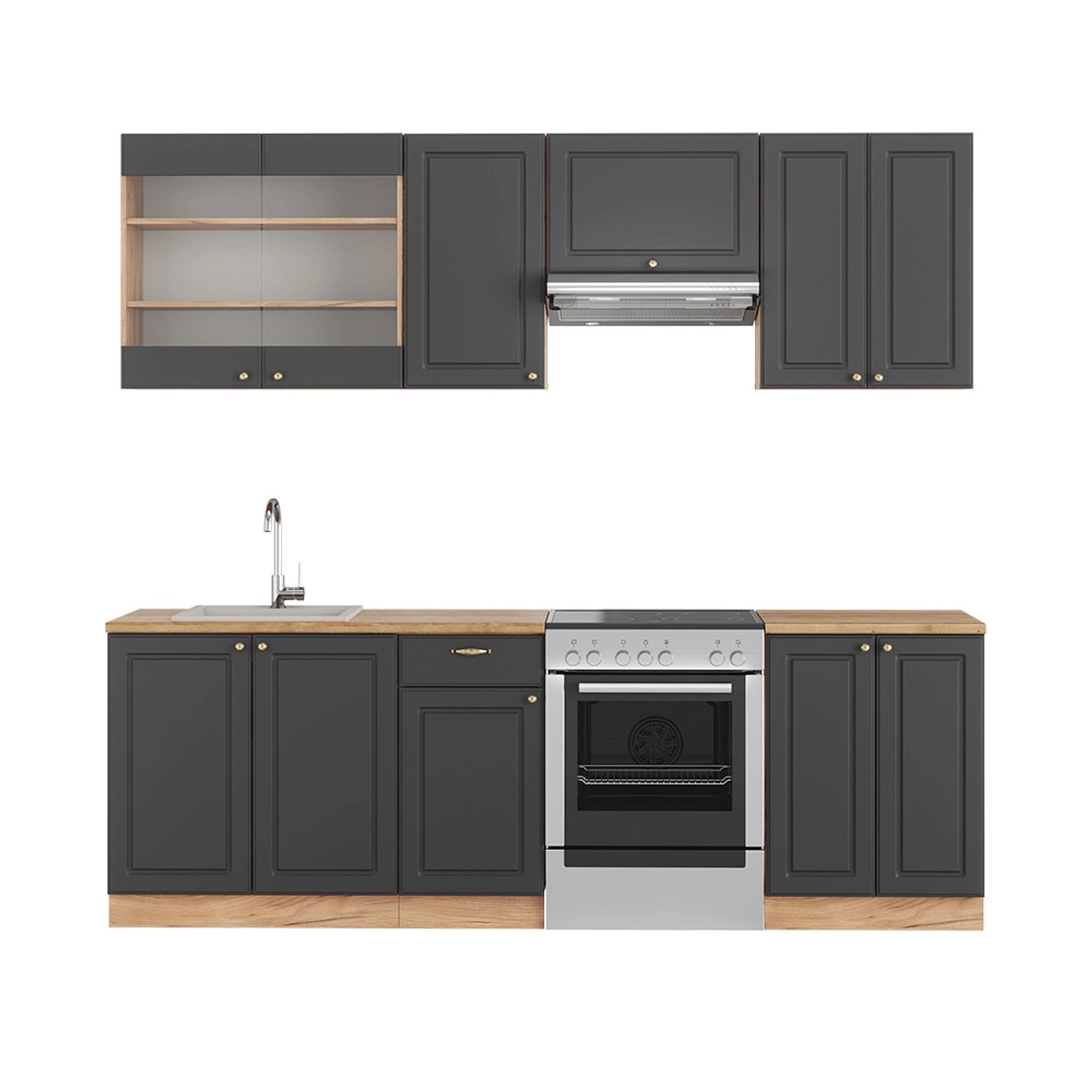 Vicco Fame-Line Küchenschränke Anthrazit Landhaus/Goldkraft Eiche 240 cm AP günstig online kaufen